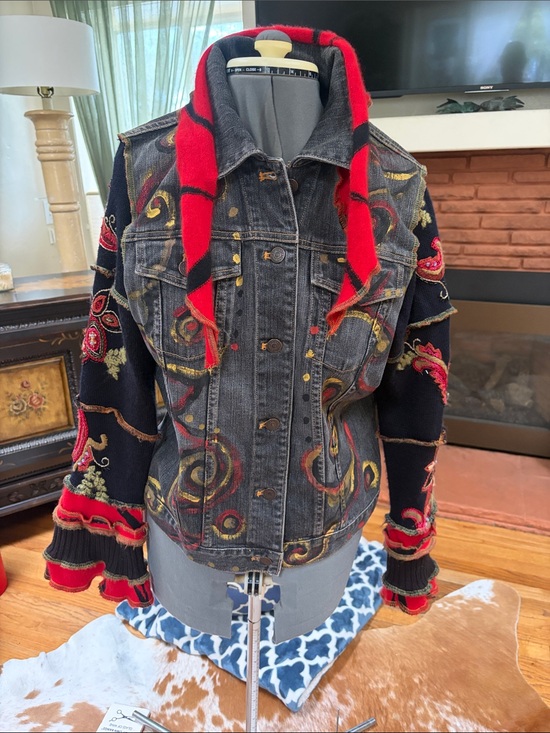 Vonksart Jackets & Blazers - Women's Black Washed Denim Jacket with Red & Gold Embroidered Accents